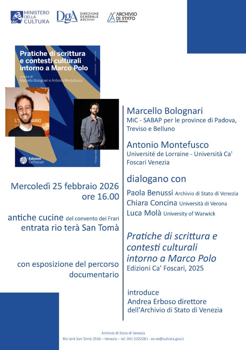 Locandina presentazione libro: Pratiche di scrittura e contesti culturali intorno a Marco Polo.